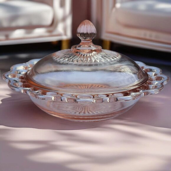 Vintage Old Colony Covered Butter Candy Dish Open Lace Pink Depression Glass - Picture 1 of 7